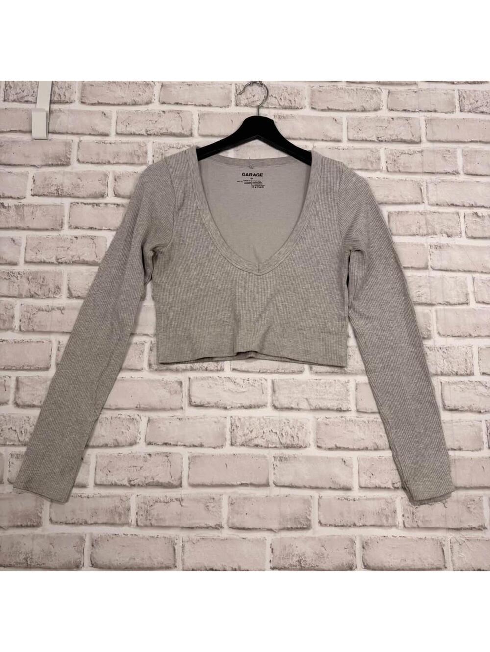 Garage Ribbed Crop Top V-neck Gray Women's L - Picture 1 of 4